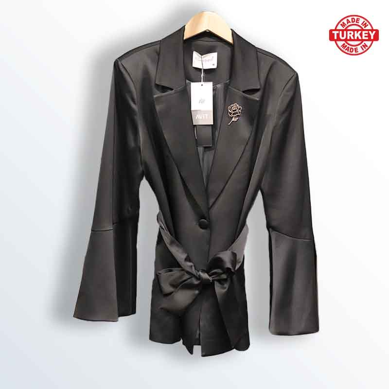 Women's Black satin jacket with Turkish rose brooch