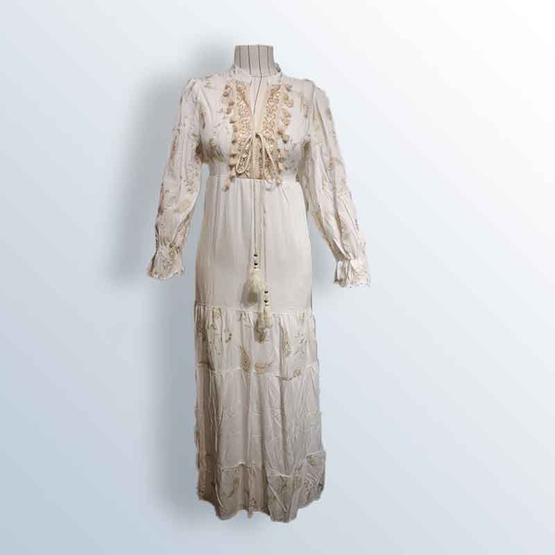 V-neck embroidered dress with tassel tie