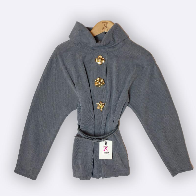 Women's High Collar Cardigan with Gold-Tone Buttons and Belt