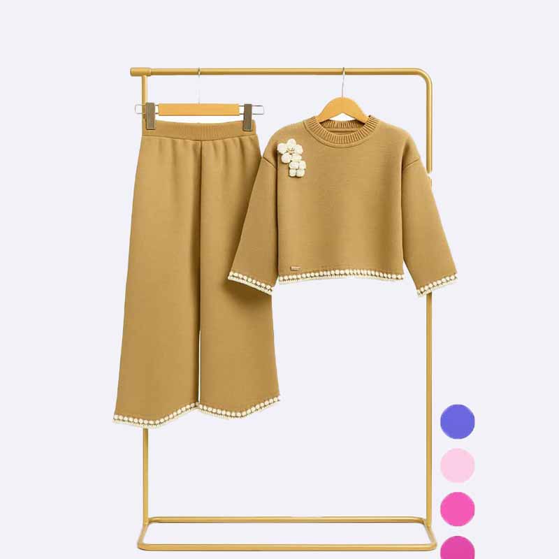 Girl's Knit Two-Piece Set with Floral Appliqué (Sweater & Wide-Leg Pants)