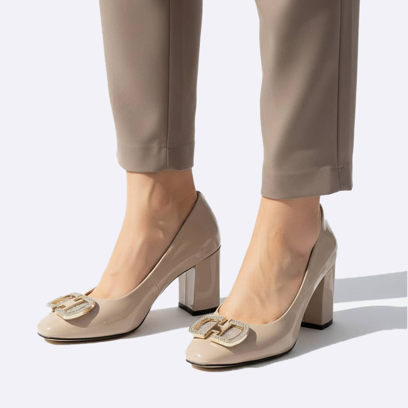 Elegant Block Heel Pumps with Crystal Buckle