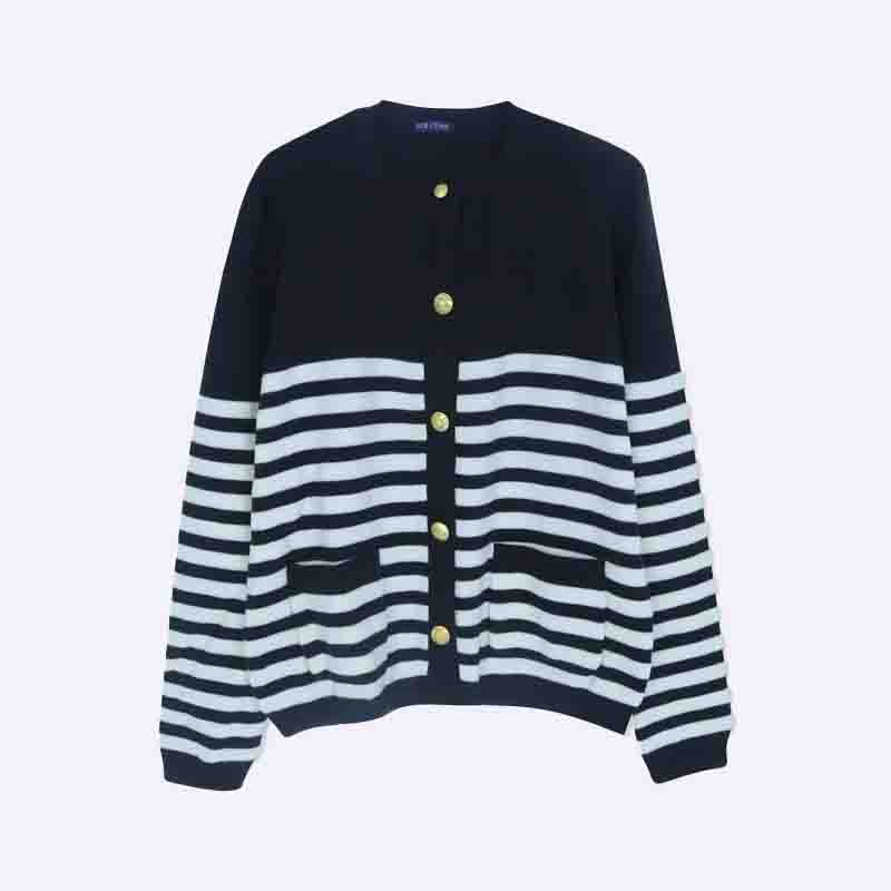 Women's Round Neck Striped Cardigan with Pockets
