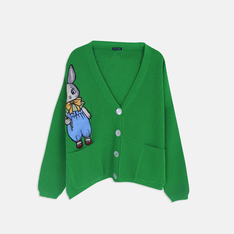 Button-Front Cardigan with Rabbit Appliqué