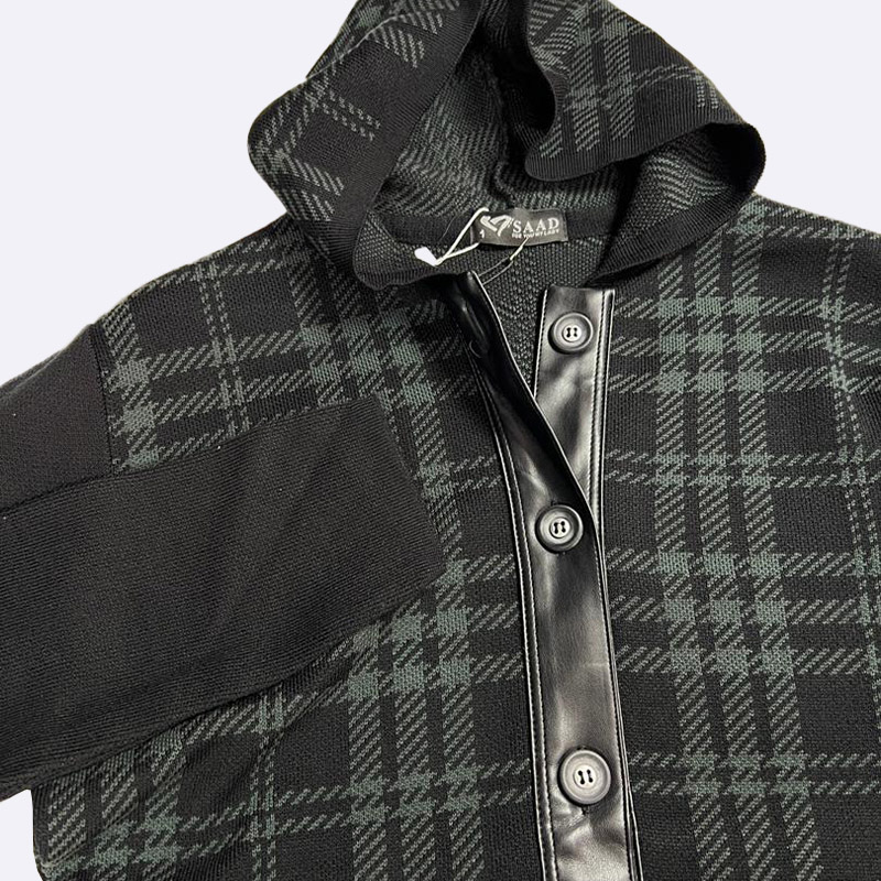 Hooded Plaid & Faux Leather Patchwork Coat
