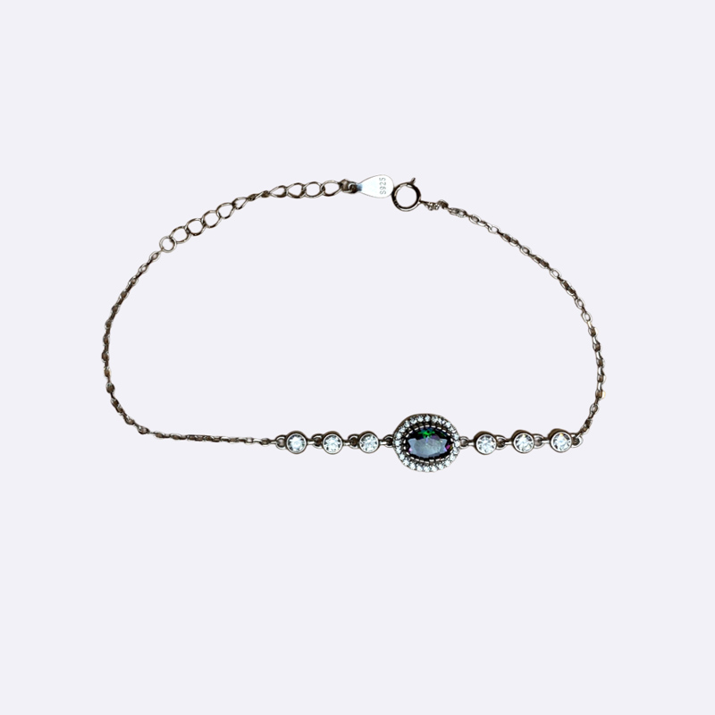 Silver Bracelet with Oval Multi-Color Stone