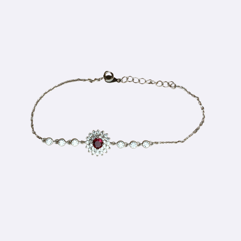 Silver Bracelet with Red Stone Flower