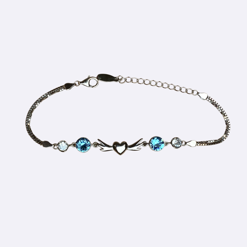 Silver Bracelet with Winged Heart and Blue Stones