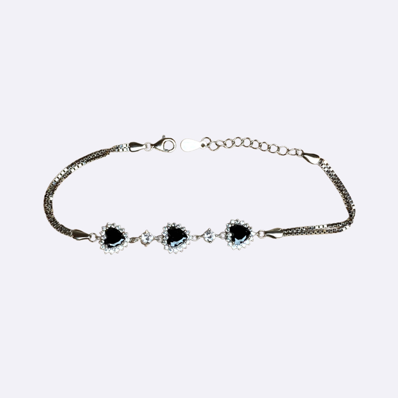 Silver Bracelet with Black Heart Stones