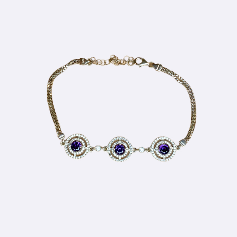 Silver Bracelet with Three Round Purple Stones