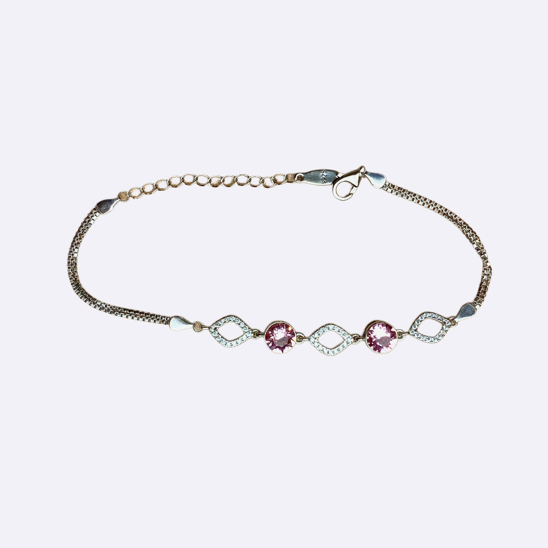 Silver Bracelet with Pink Stones and Pave Accents
