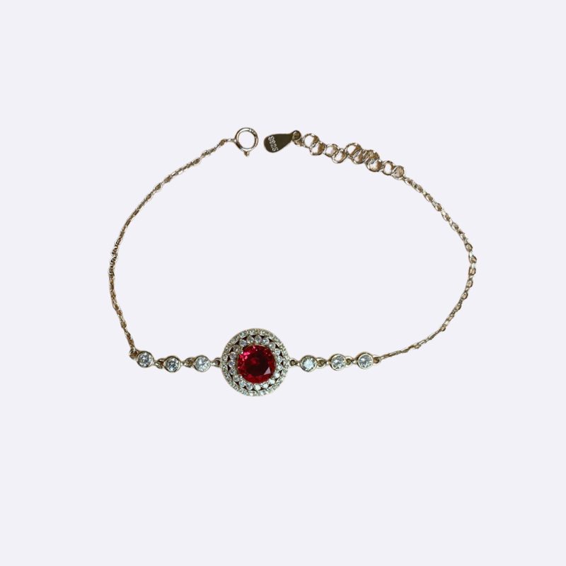 Silver Bracelet with Round Red Stone and Pave Halo