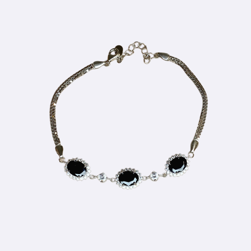 Silver Bracelet with Three Oval Black Stones