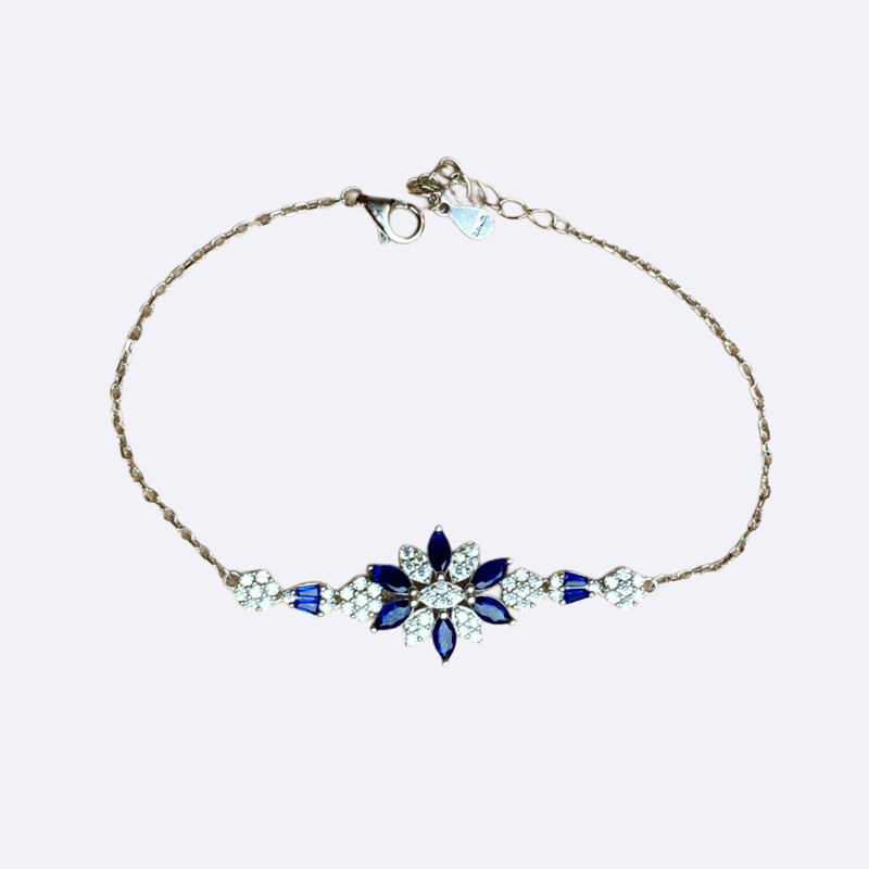 Silver Bracelet with Blue Floral Stone Motif
