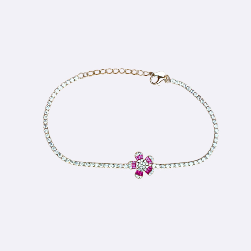 Tennis Bracelet with Ruby Flower Solitaire