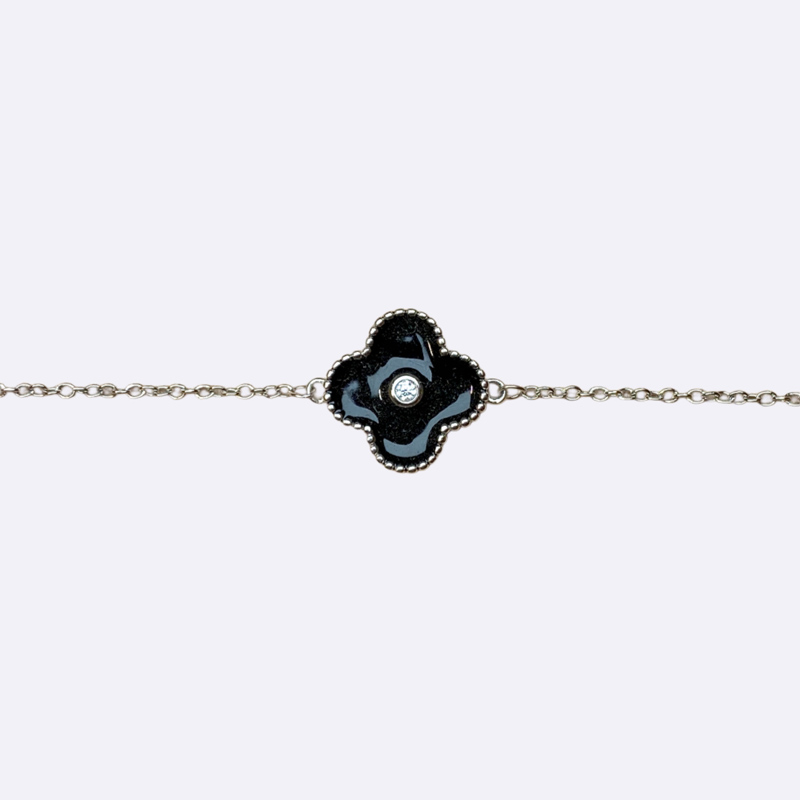 Clover Chain Bracelet with Black Enamel and Central Stone