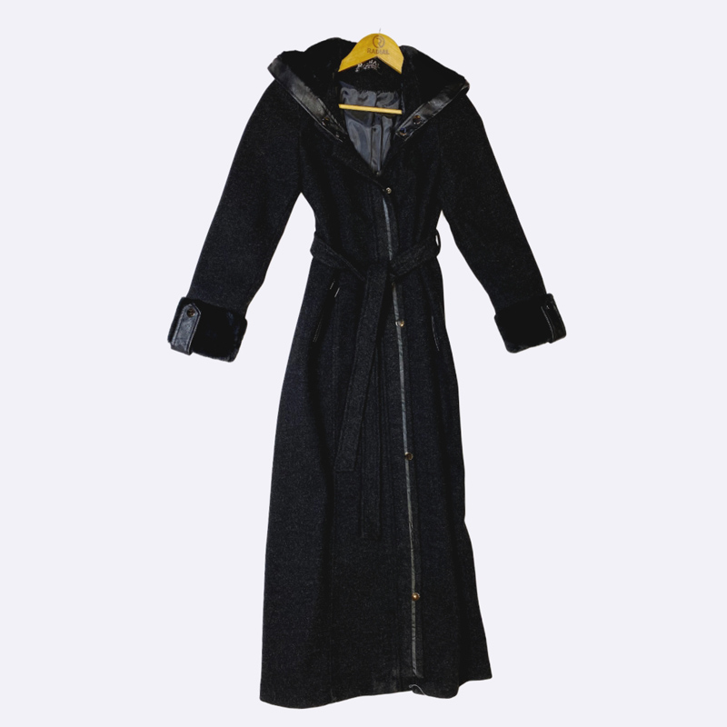 Long Wool Coat with Faux Leather Trim
