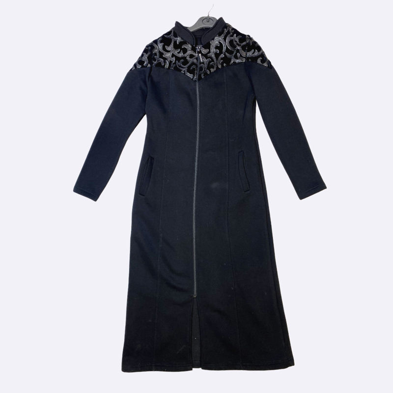 Long Zip-Up Coat with Velvet Embroidery