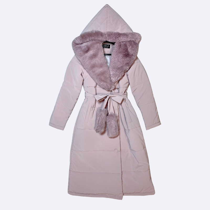 Long Puffer Coat with Faux Fur Hood