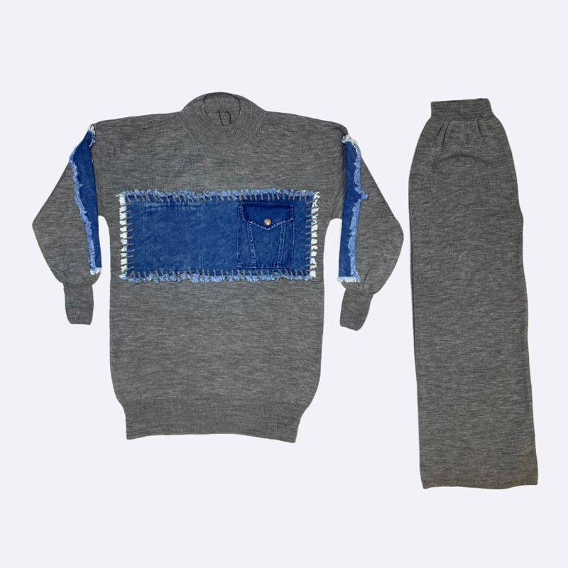 Knit Loungewear Set with Denim Patchwork