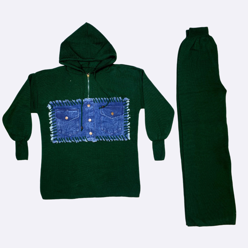 Knit Hoodie and Trousers Set with Denim Pockets