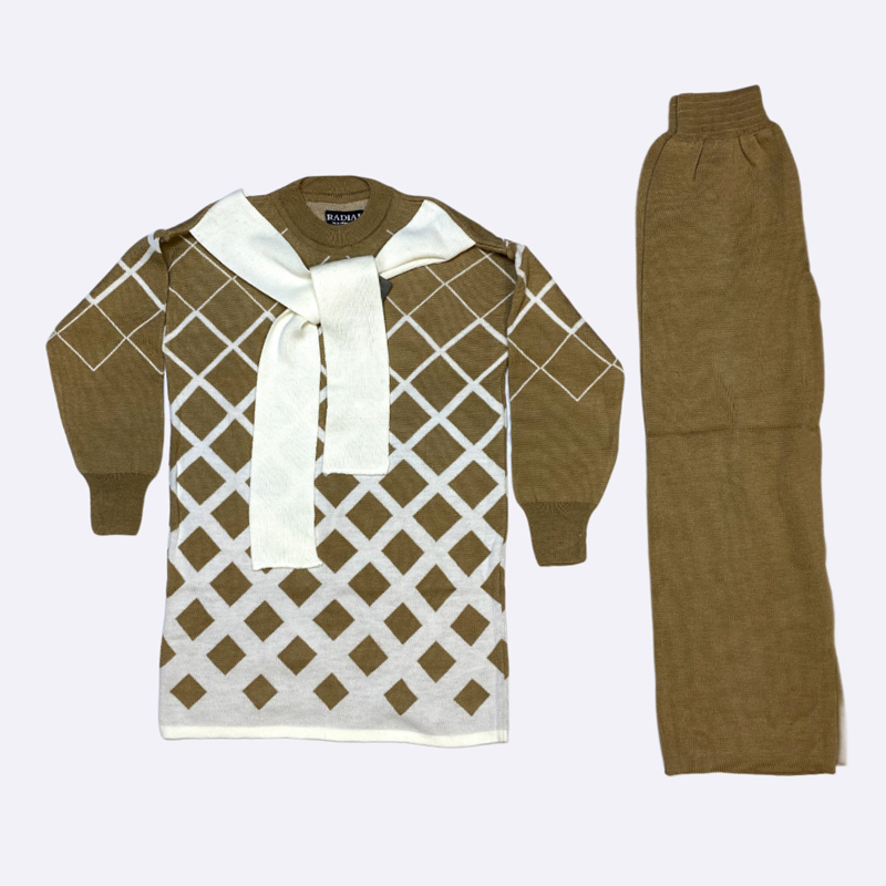 Argyle Knit Tunic Set with Scarf Detail