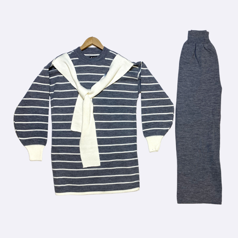 Striped Knit Set with Decorative Cross Collar