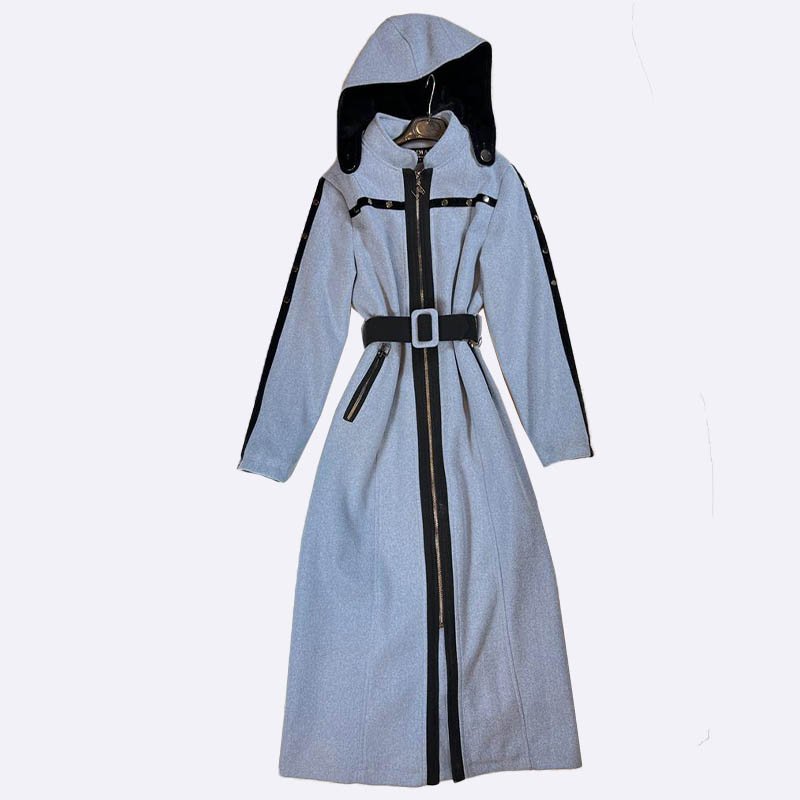 Hooded Belted Maxi Coat with Trim Detail