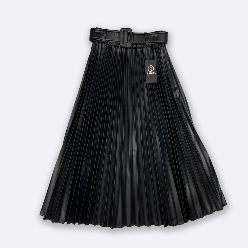 Belted Faux Leather Pleated Midi Skirt