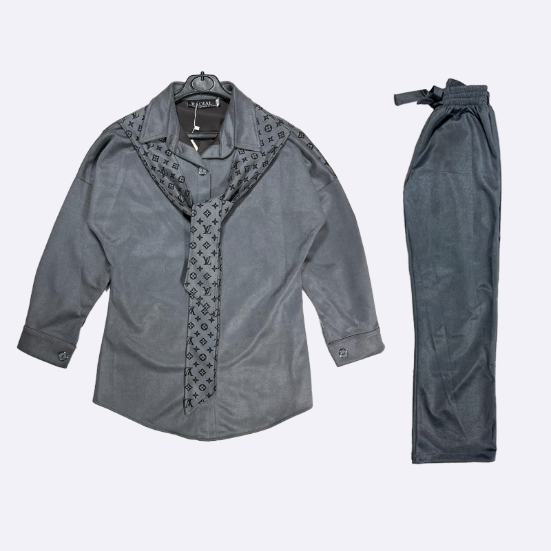 Chic Women's Shirt and Pants Set with Scarf Detail