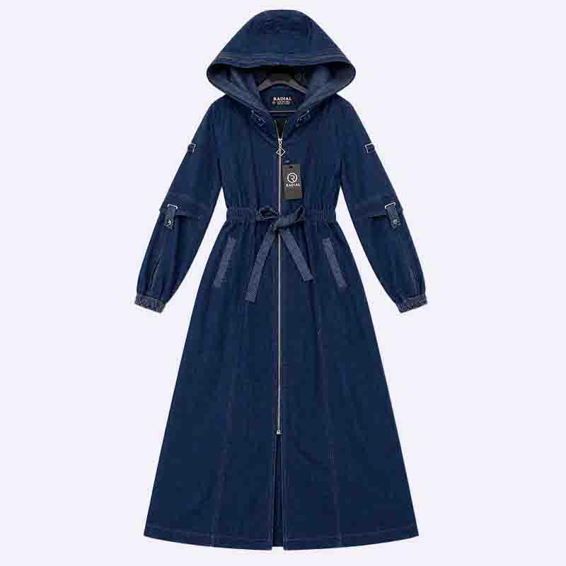 Denim Hooded Long Coat with Belt