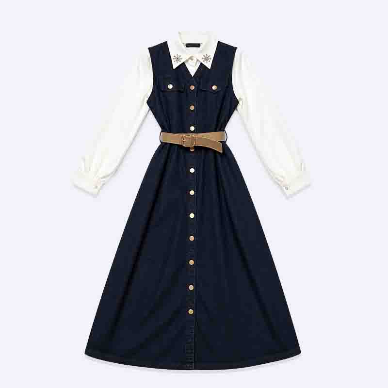 Denim Shirt Dress with Embroidered Collar & Belt