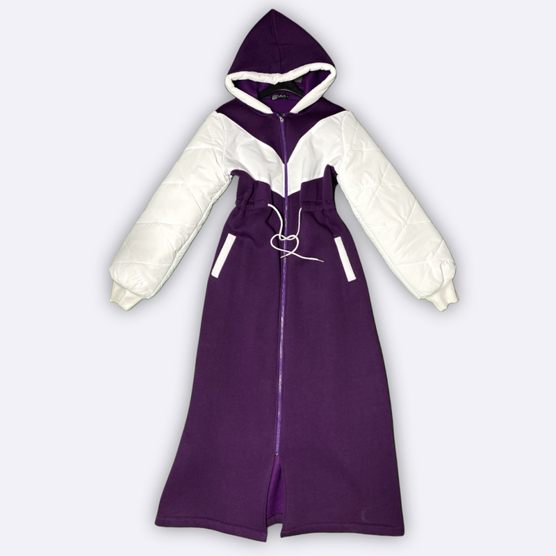 Women's Long Full-Zip Hooded Coat Dress with Quilted Sleeves