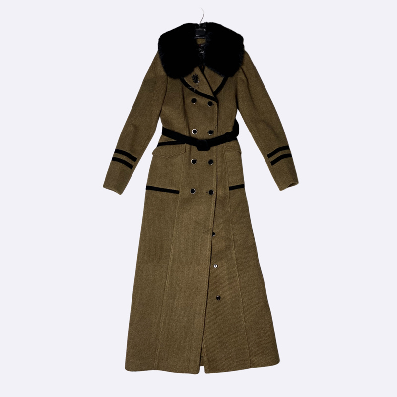 Women's Long Double-Breasted Wool Coat with Faux Fur Collar