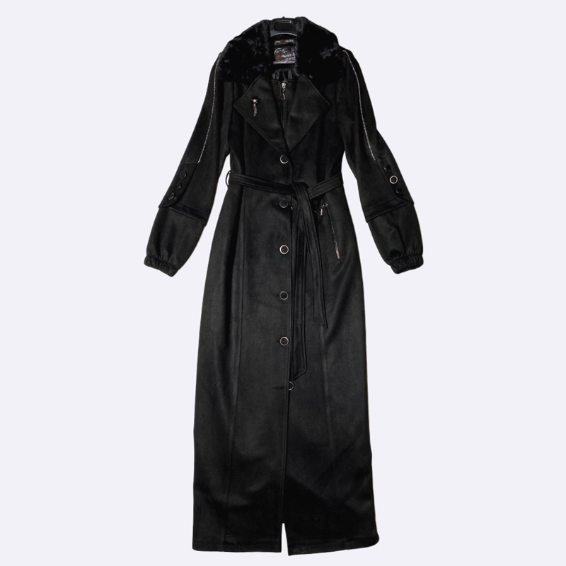Women's Long Coat with Fur Collar and Zip Details