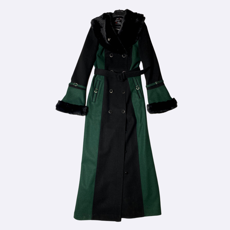 Women's Long Two-Tone Coat with Fur Collar