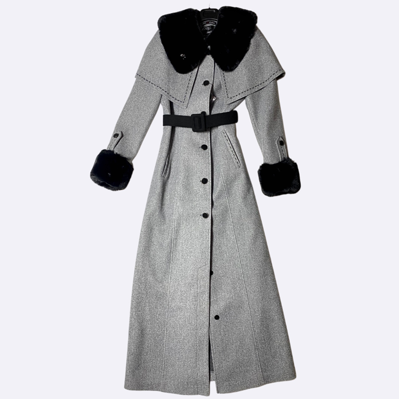 Women's Long Coat with Drape Collar and Fur Trim