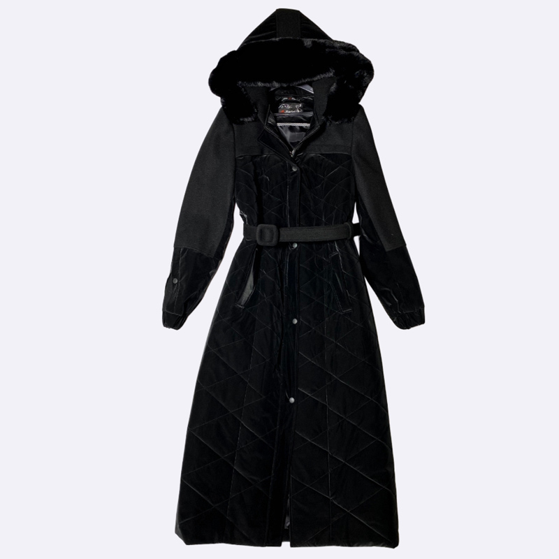 Women's Long Quilted Hooded Coat with Fur Trim