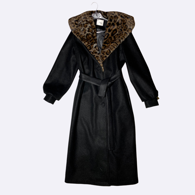 Women's Long Coat with Leopard Faux Fur Collar