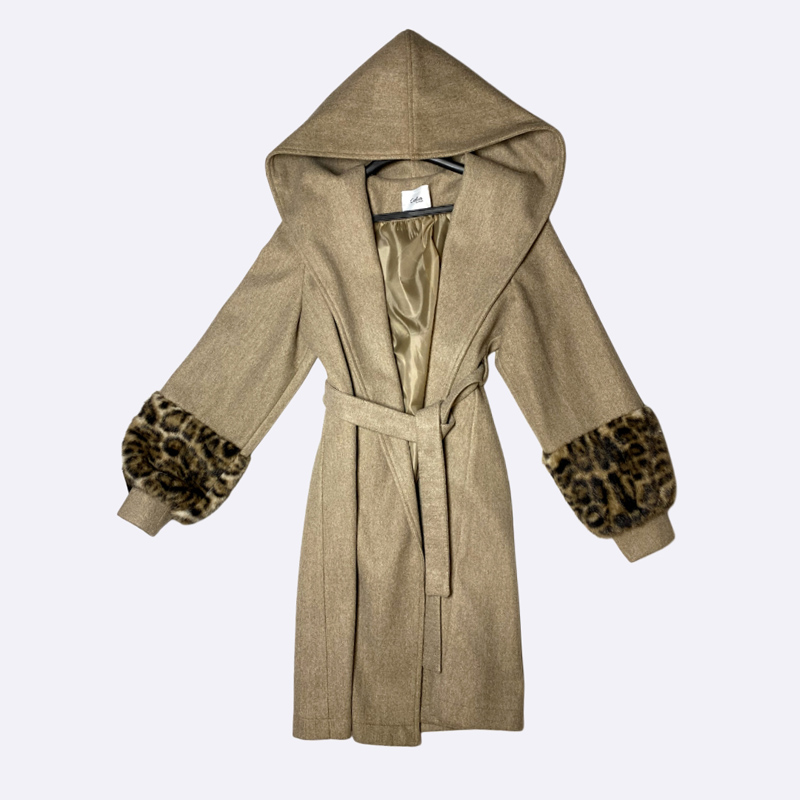 Women's Hooded Wrap Coat with Leopard Cuff Details
