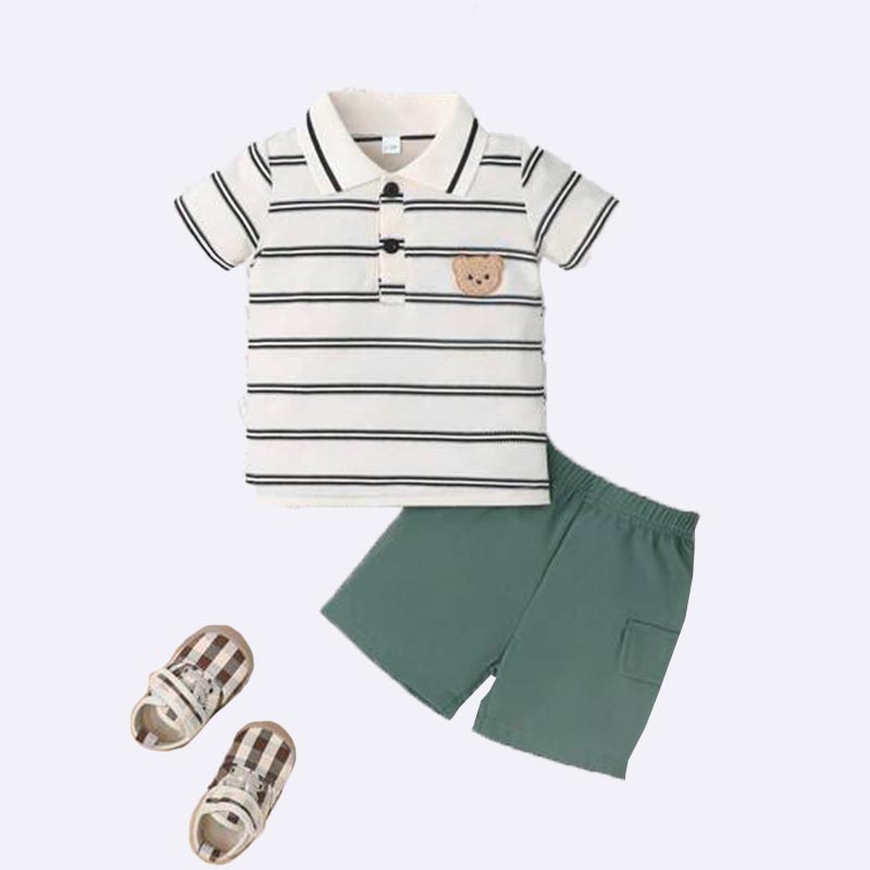 Toddler's Striped Polo Shirt & Shorts Set with Sandals