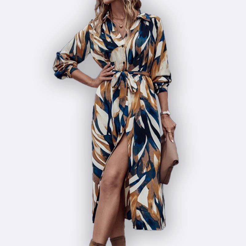 Abstract Print Slit Maxi Shirt Dress with Belt