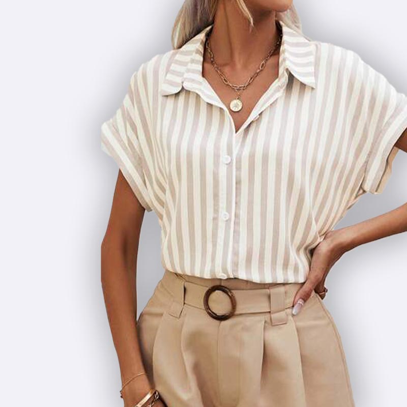 Striped Button-Down Short Sleeve Blouse