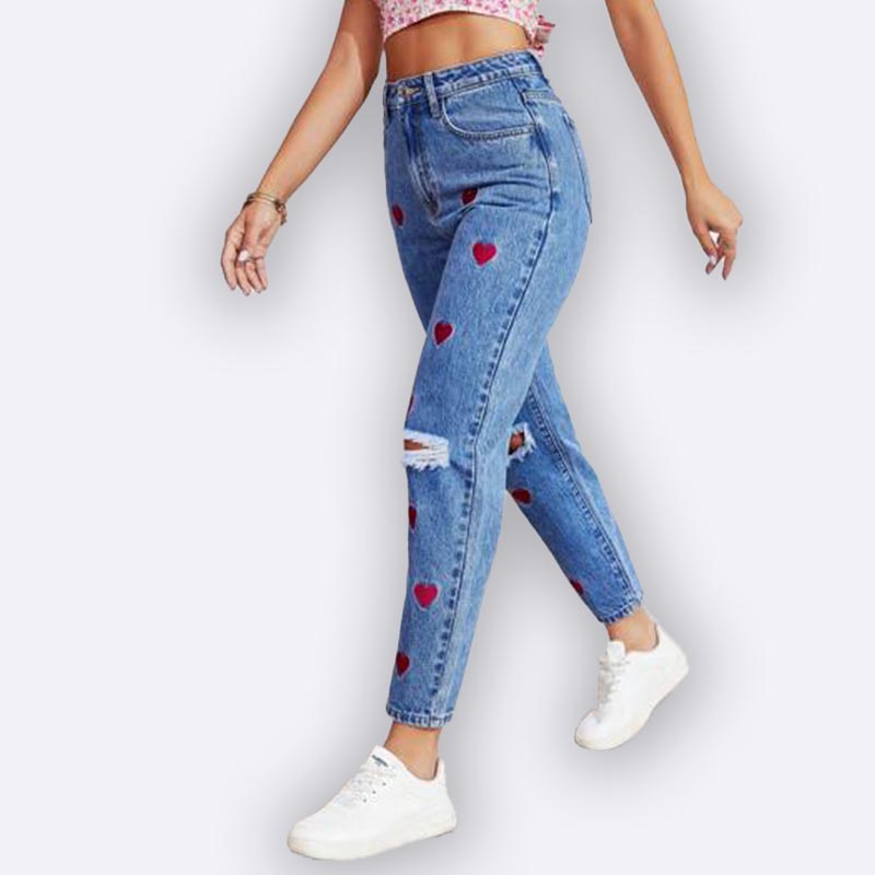 Heart Patch Ripped Denim Jeans & Floral Crop Top Set