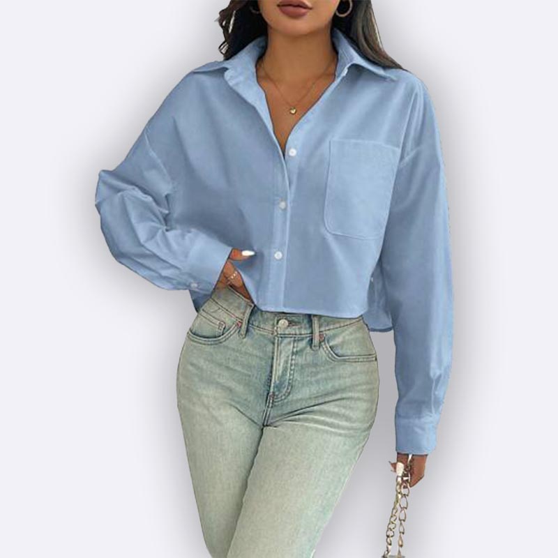 Sky Blue Cropped Button-Down Shirt