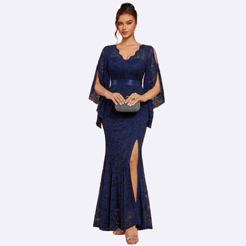 Elegant Navy Lace Slit Maxi Dress