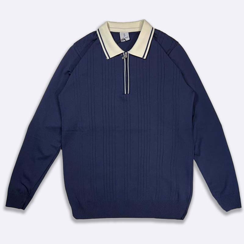 Ribbed Knit Polo Shirt with Zipper
