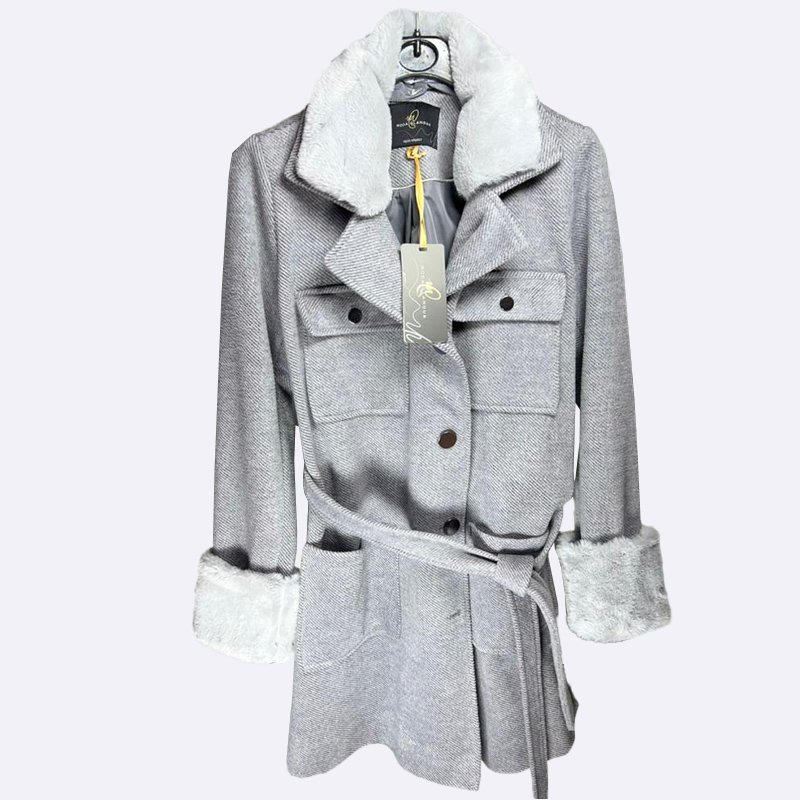 Faux Fur Trim Belted Wool Blend Coat