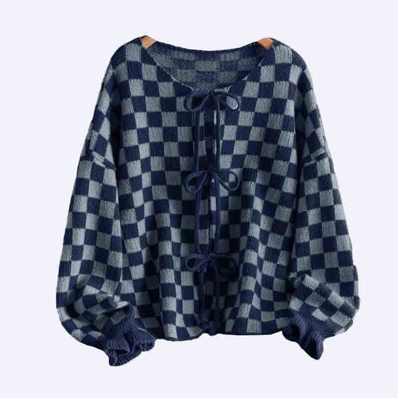 Checkered Tie-Front Knit Top