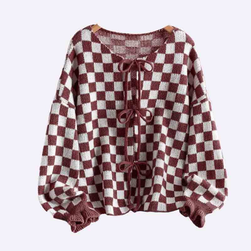 Checkered Tie-Front Knit Cardigan