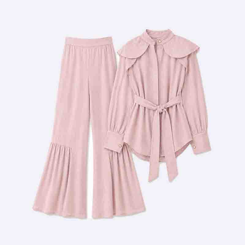 Elegant Belted Blouse & Flared Pants Set
